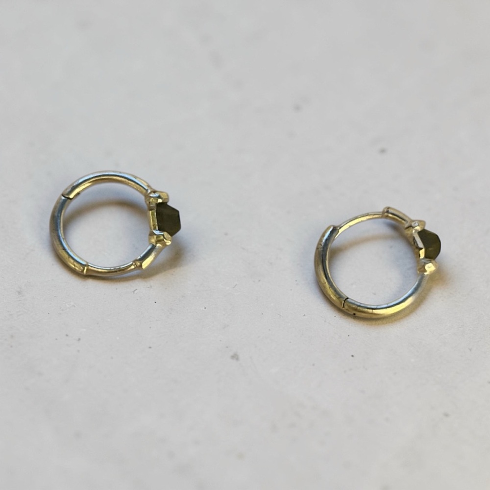 Kendra Scott Gold Huggie Earrings with dark army green Accent Stones